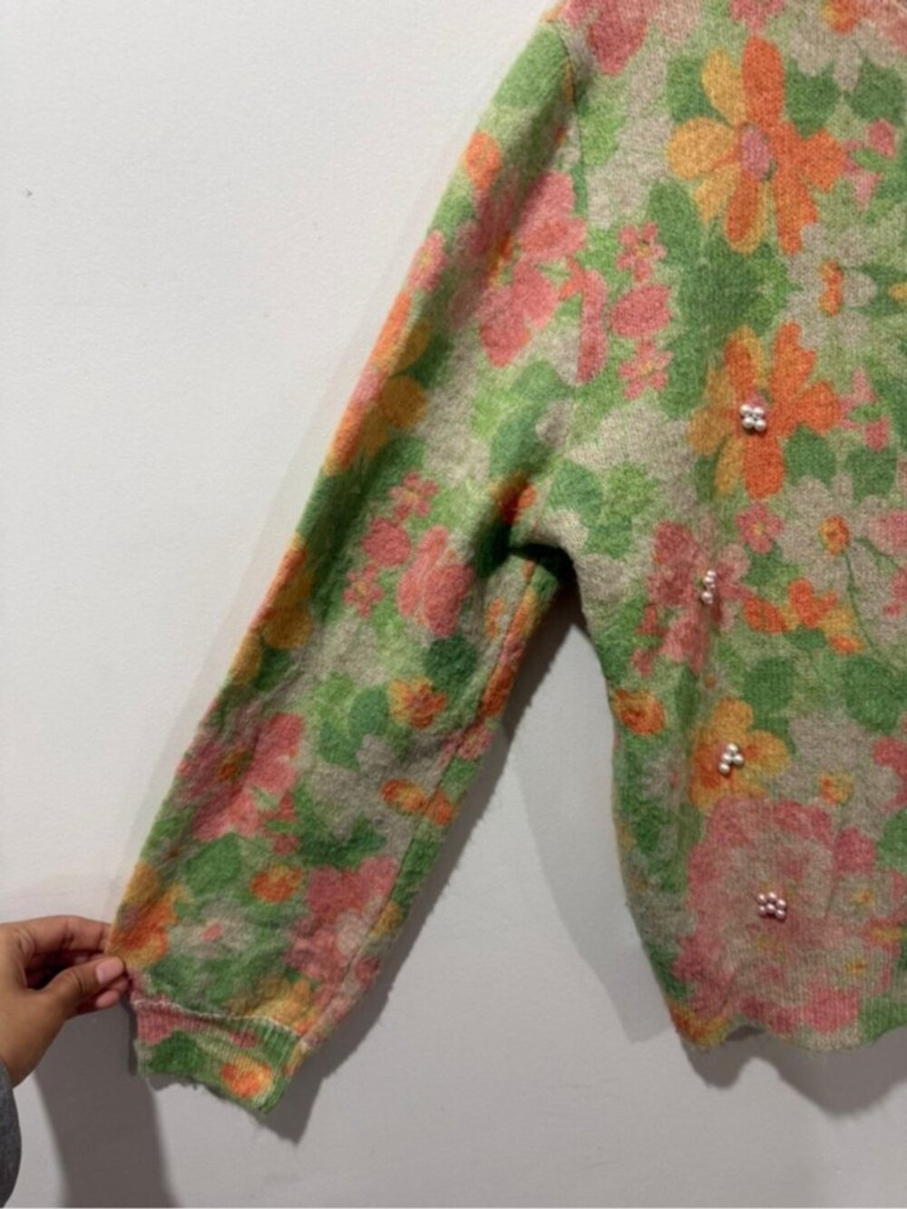 ZARA Floral Knit Cardigan Pearl Detail Size M - Picture 8 of 11